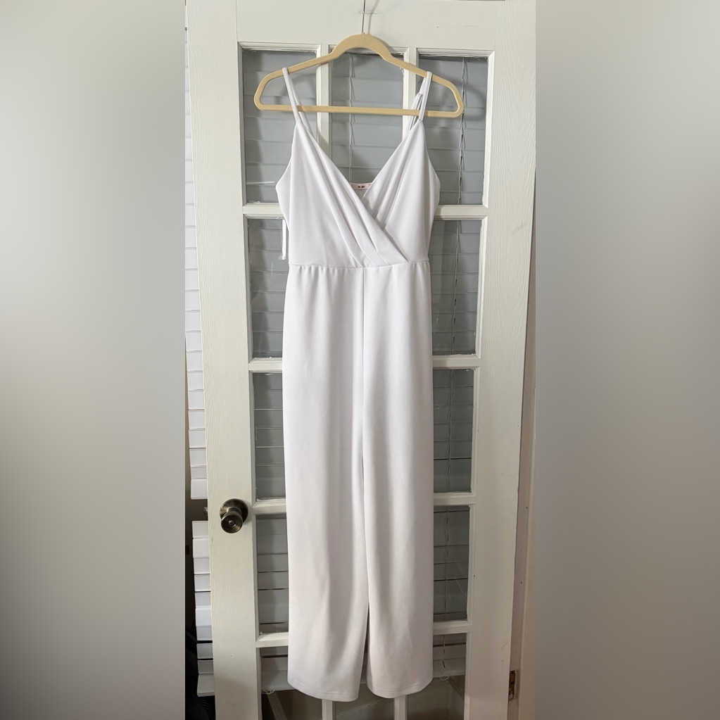 Francesca's Mi Ami Women’s M White Lined Wide Leg Sleeveless Jumpsuit | Sku 0103